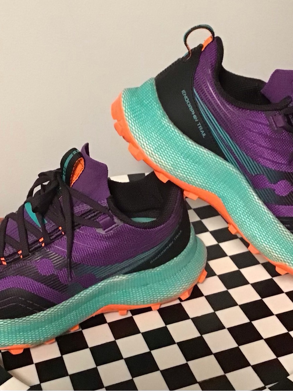 Saucony Endorphin Trail Purple Running Shoes with Teal & Orange Accents
